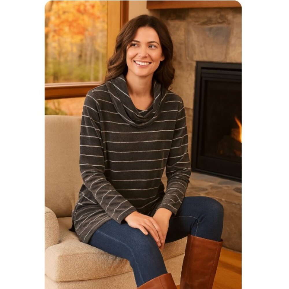 Talbots Grey Velour Metallic Striped Cowl-Neck Tunic Top